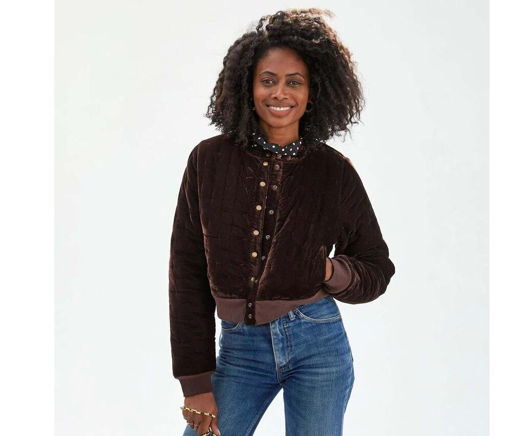 Clare V. Velvet Quilted Brown Bomber Jacket Reversible Red Green Striped, XXL